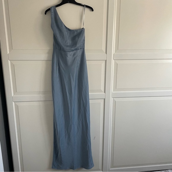 BHLDN Dylan Dusty Blue One-Shoulder Satin Side-Slit Gown 20218 - Picture 5 of 14